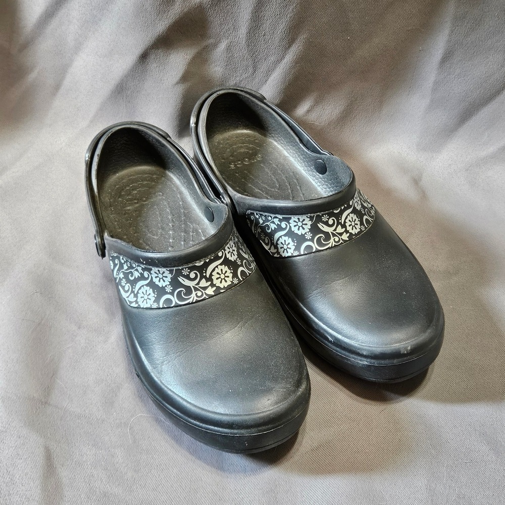 Crocs Mercy Work Clogs Womens 7 Black Silver Floral Slip Resistant Nursing Shoes